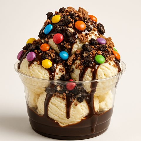 Indulge Smarties sundae with vanilla ice cream, chocolate sauce and Smarties