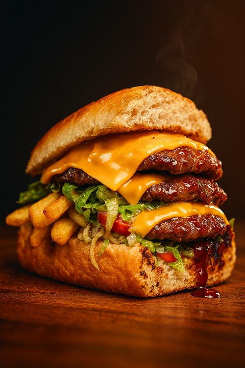 Indulge 100% Beef Kota stacked with three beef patties, melted cheese, lettuce and tomato