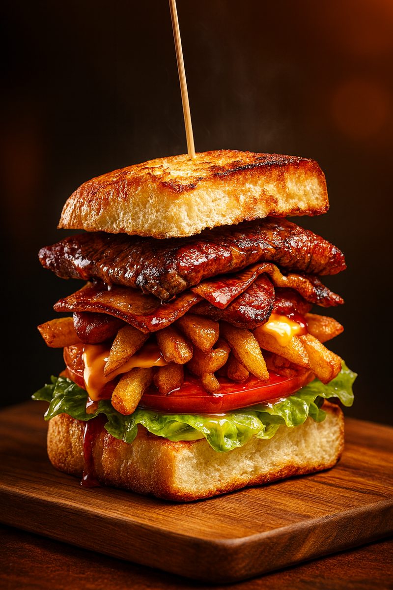 Indulge African Mix loaded toast with steak, bacon and golden fries, steaming
