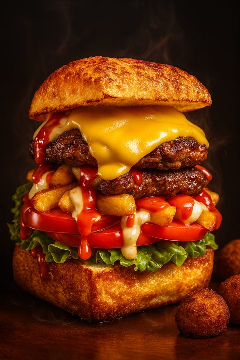 Indulge Cheesy Beef kota with double patty, melted cheese and fries