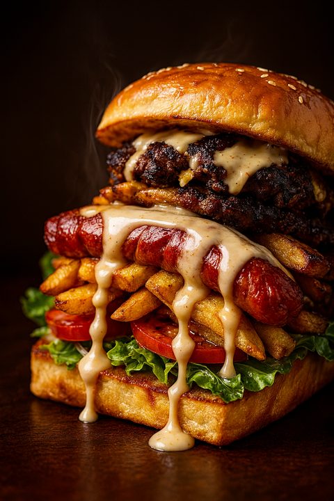 Indulge Mix kota with beef patty, vienna sausage, fries and creamy sauce