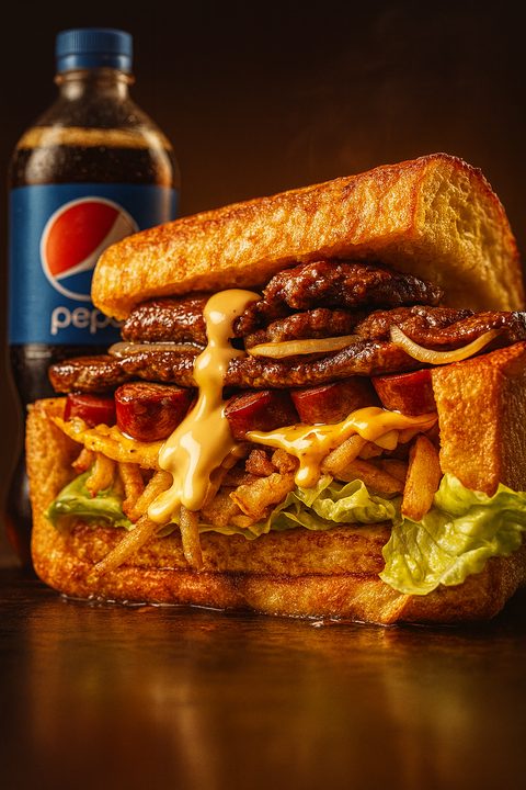 Indulge Kilimanjaro loaded toast with beef strips, vienna sausage and cheese