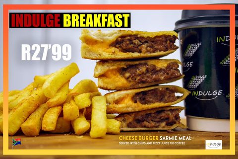Indulge Cheese Burger Sarmie Meal, toasted and stacked, served with chips and a drink