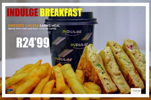Indulge Shredded Chicken Sarmie Meal, toasted, served with chips and a drink